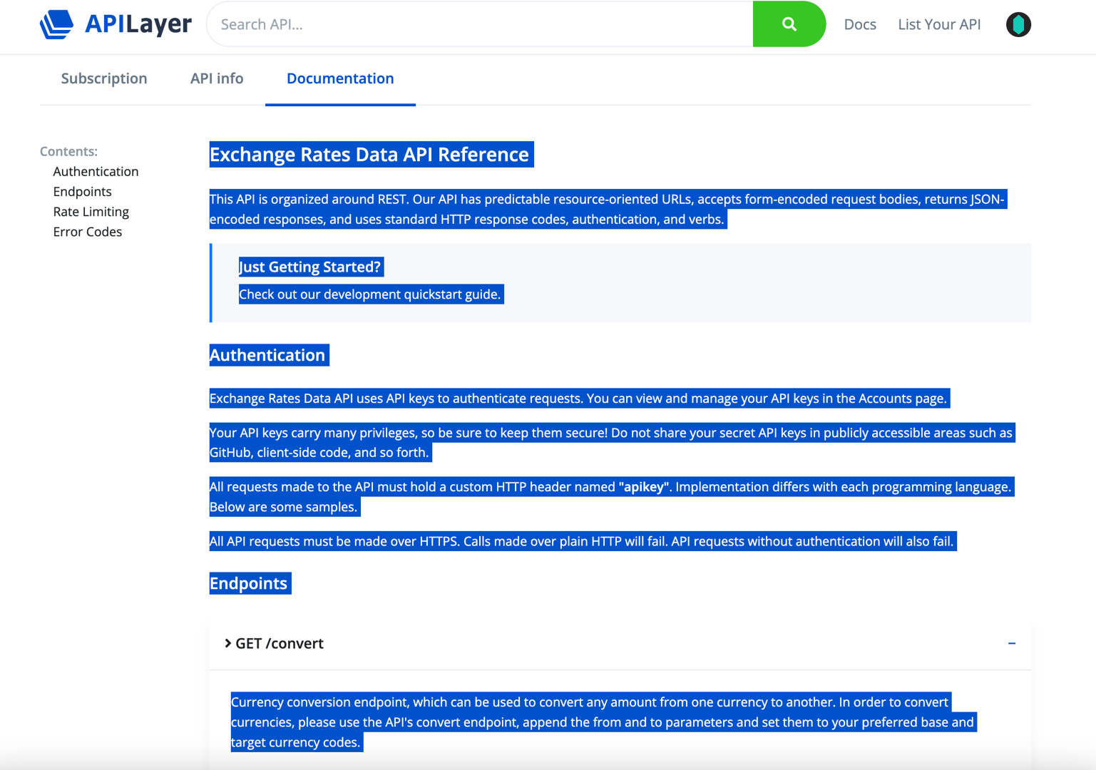 Exchange Rates API documentation