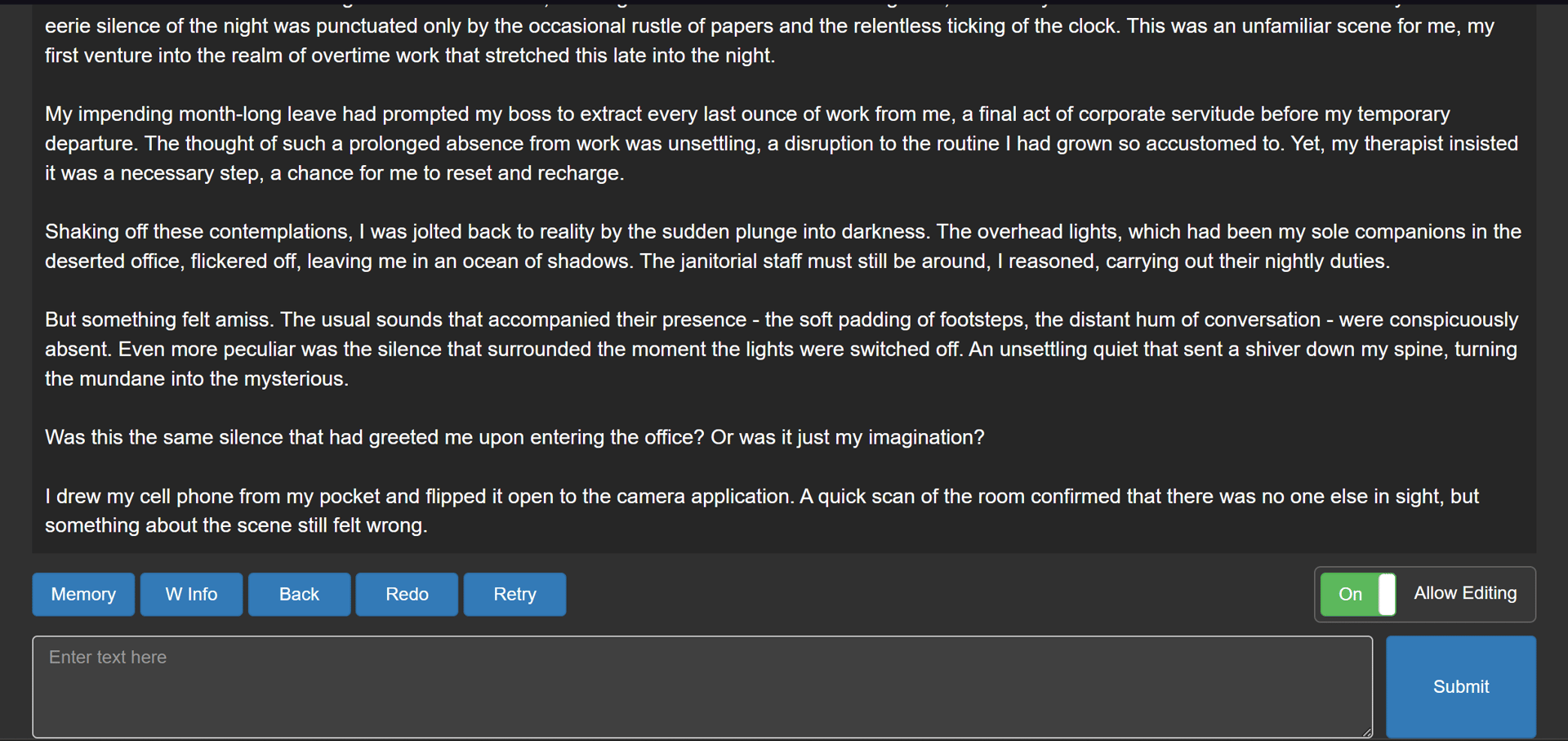 The continuation of the opening scene, suggesting my growing suspicion and my action towards the eerie silence