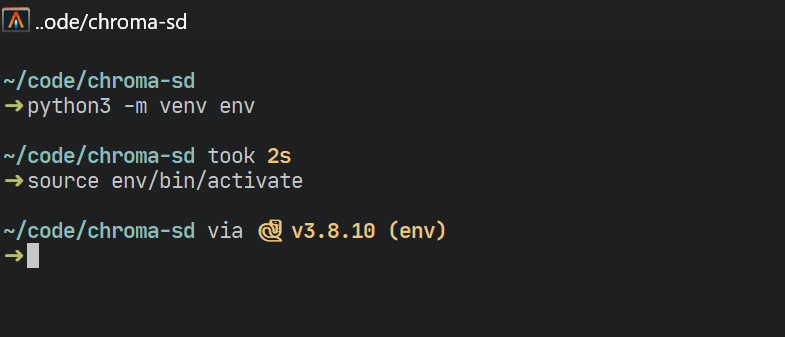 A terminal prompt showing `(env)` at the start of the line, indicating that the `env` virtual environment is active.