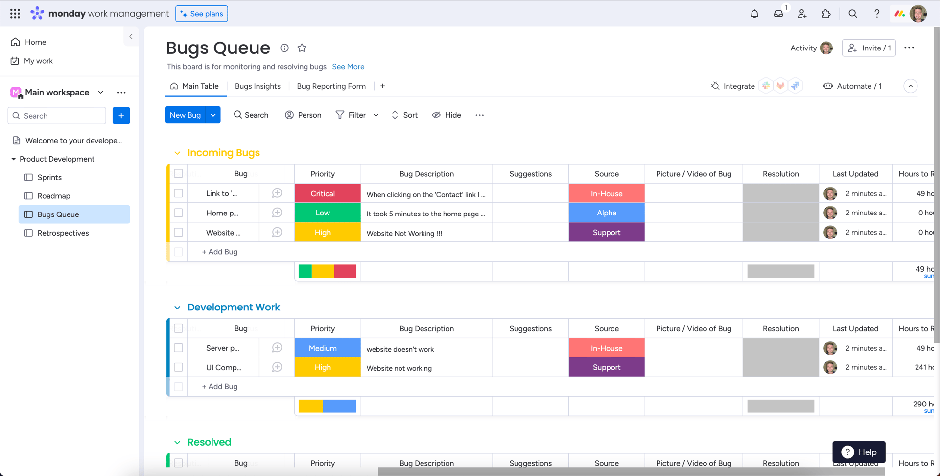 Monday.com product development, bug queue