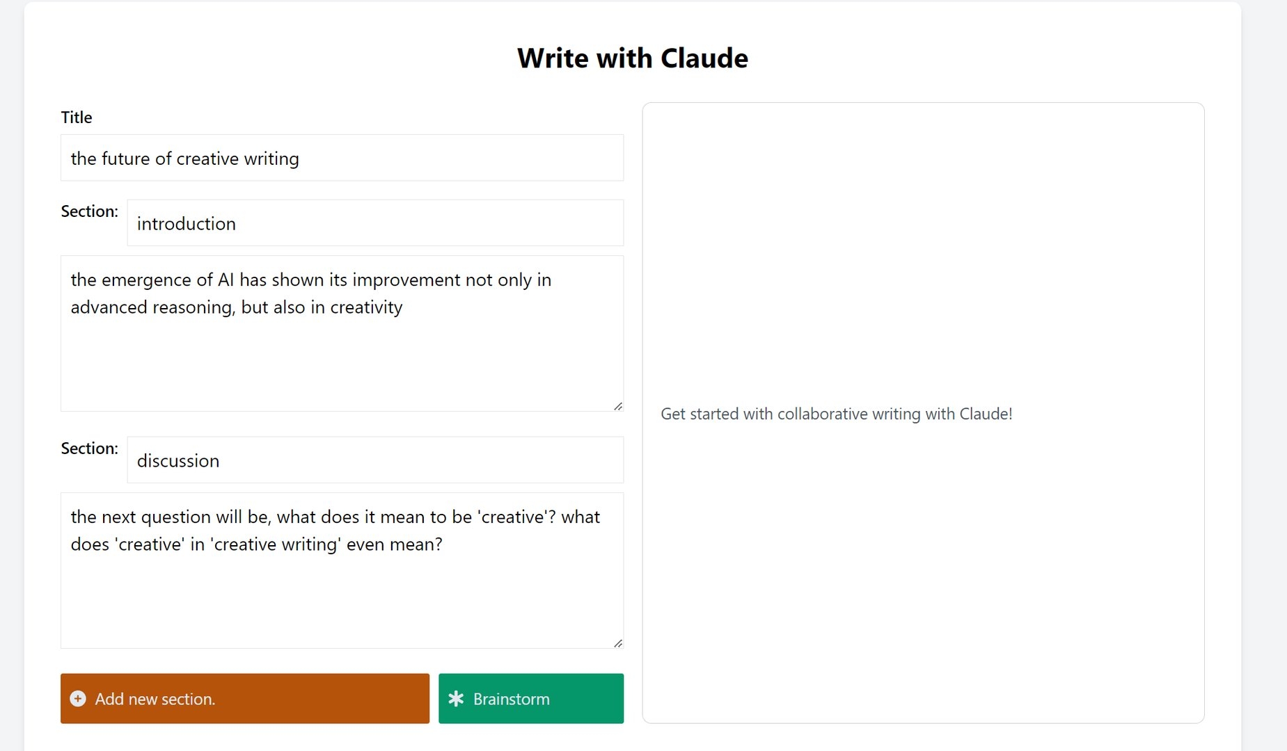 We start filling out the user input, starting with title, and the introduction to the article, we also add more section, 'discussion', to further explore our topic