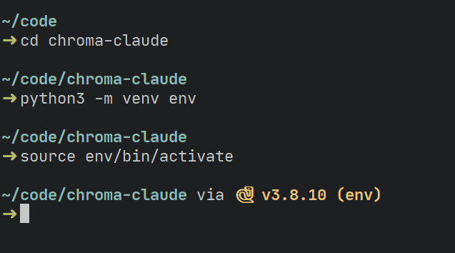 Python environment activation. The terminal prompt starts with `(env)`, indicating that the virtual environment is activated.