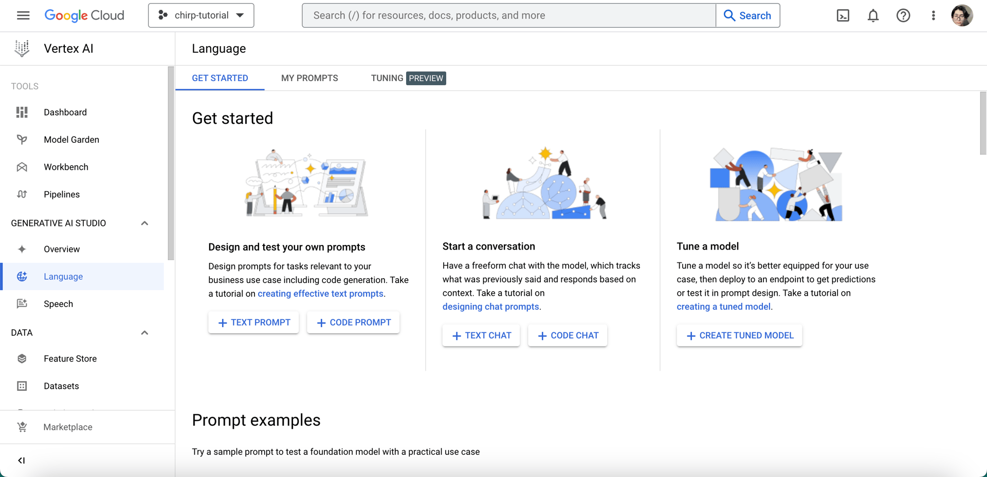 Generative AI Studio dashboard language section