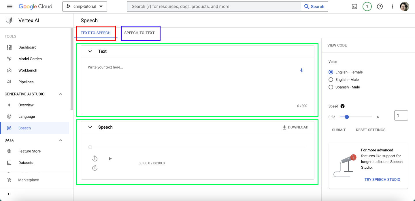 Generative AI Studio dashboard speech section