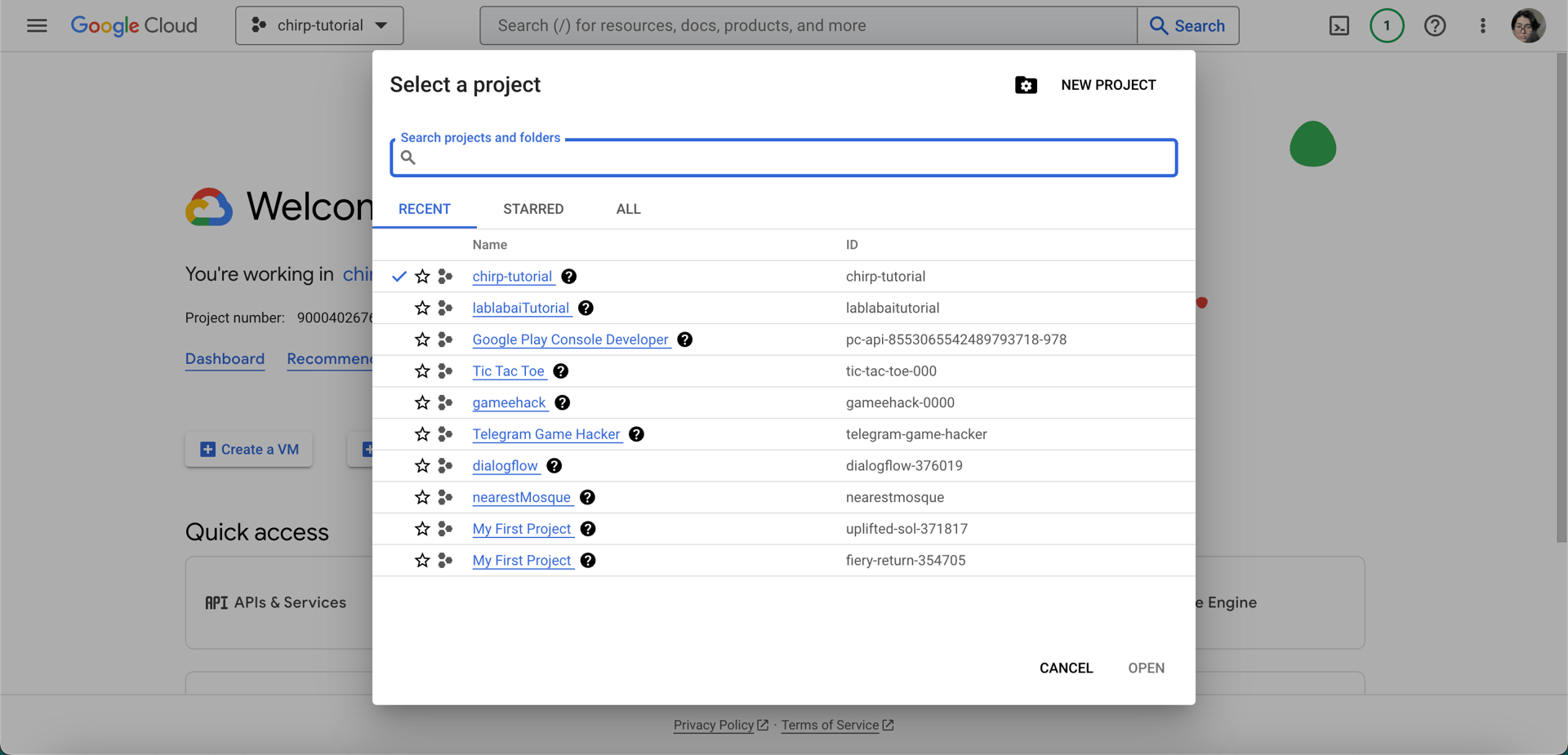 Google Cloud console creating new project