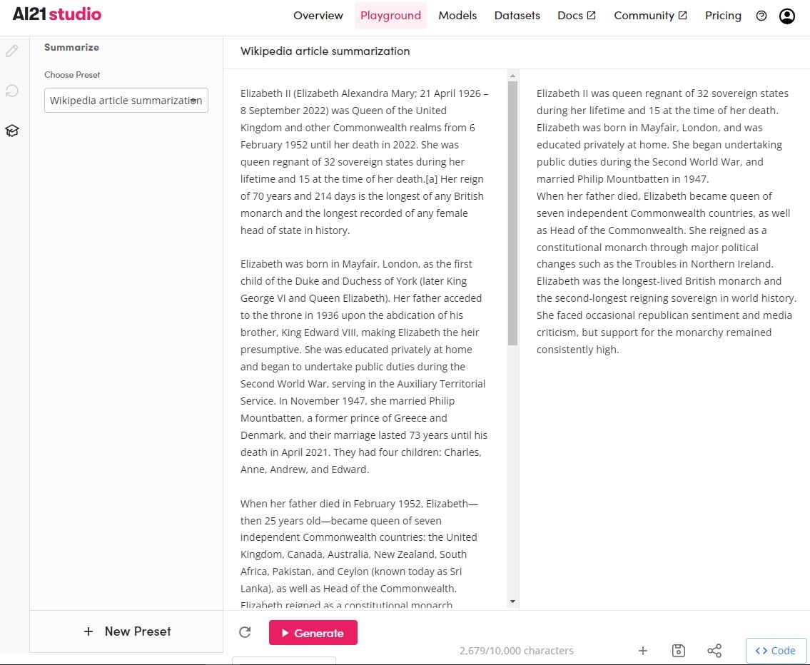 screenshot of ai21 summarize on playground